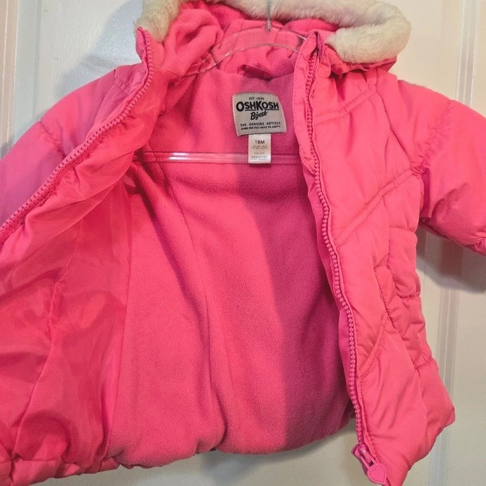 OshKosh B'gosh Girls Pink Puffer Jacket Faux Fur‎ Hood Fleece Lined 18M